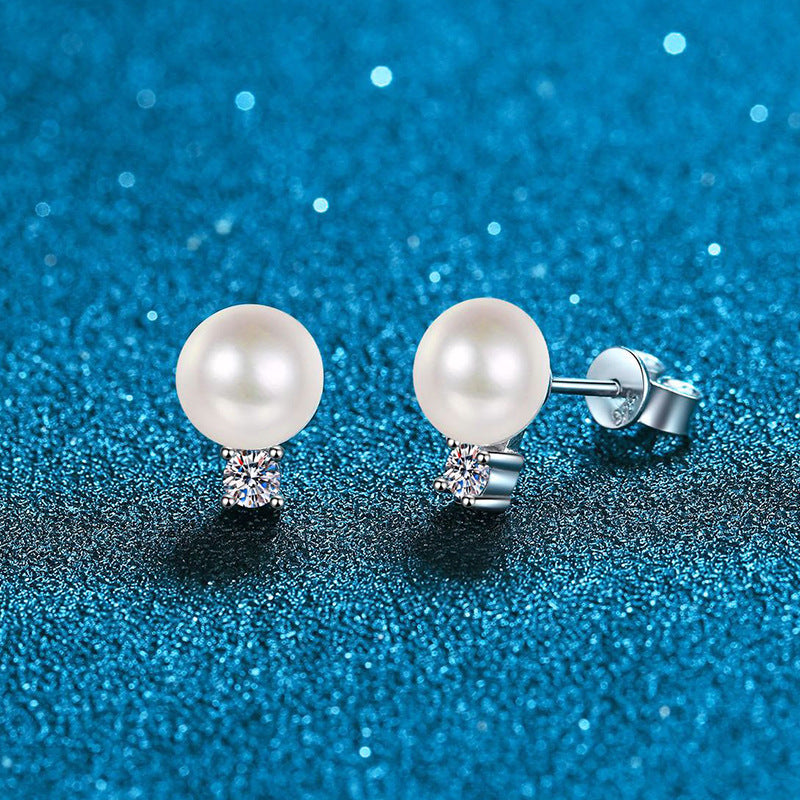 Elegant Freshwater Pearl Round Cut Moissanite Earrings 925 Sterling Silver 0.1ct/0.3ct