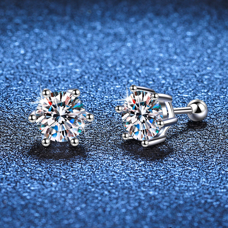 S925 Sterling Silver Screw Earrings Classic Six Claws Round Cut Moissanite