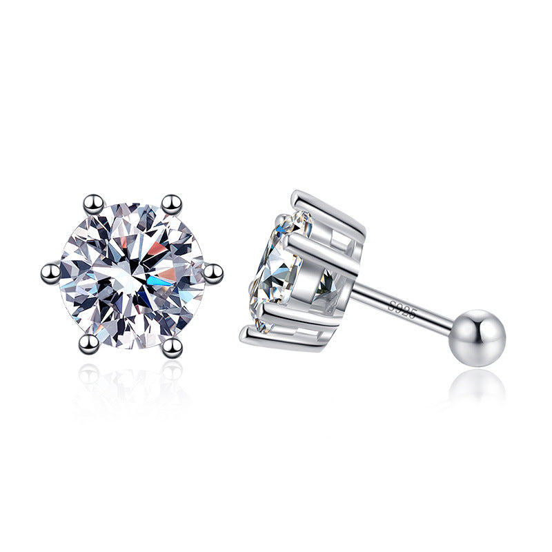 S925 Sterling Silver Screw Earrings Classic Six Claws Round Cut Moissanite