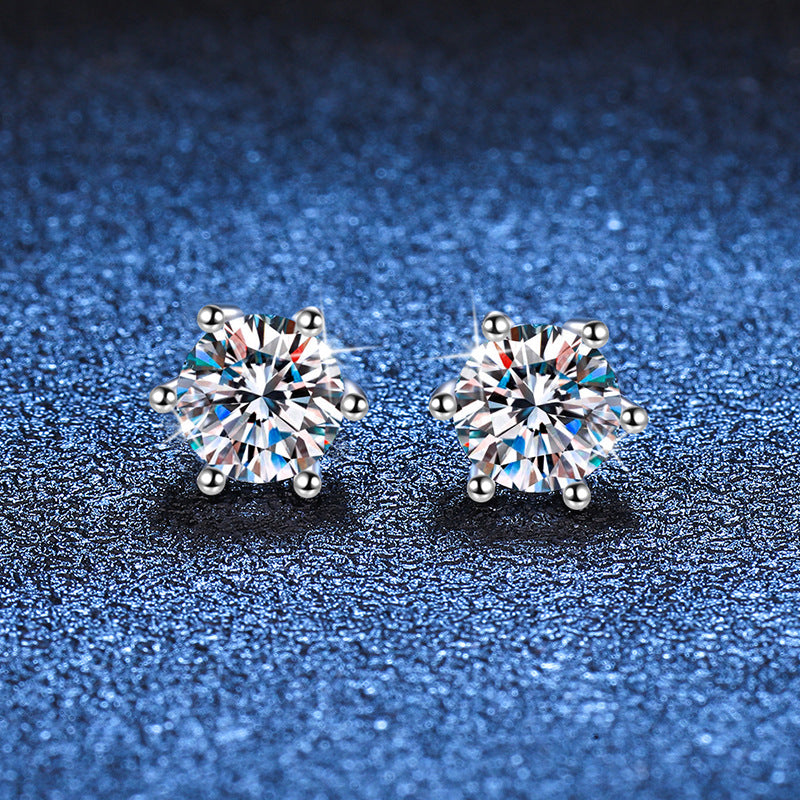 S925 Sterling Silver Screw Earrings Classic Six Claws Round Cut Moissanite