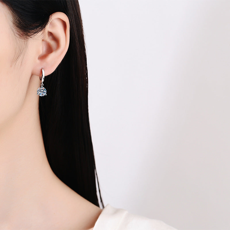 Classic S925 Sterling Silver Three-Claw Round Cut Moissanite Hoop Earrings