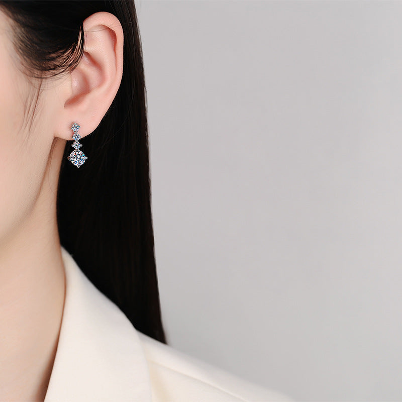 925 Silver Round Cut Moissanite Drop Dangle Earrings 1ct