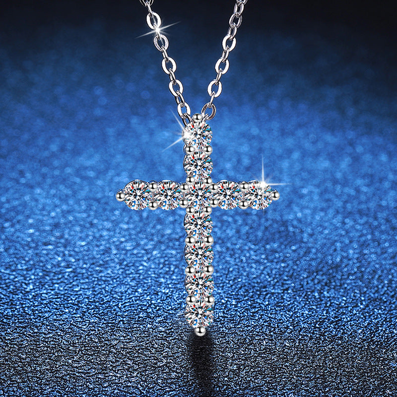 Silver 925 Cross Pendant Necklace Round Brilliant Cut VVS D with GRA