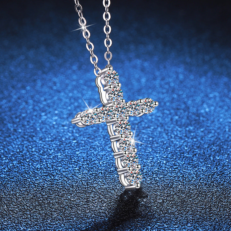 Silver 925 Cross Pendant Necklace Round Brilliant Cut VVS D with GRA