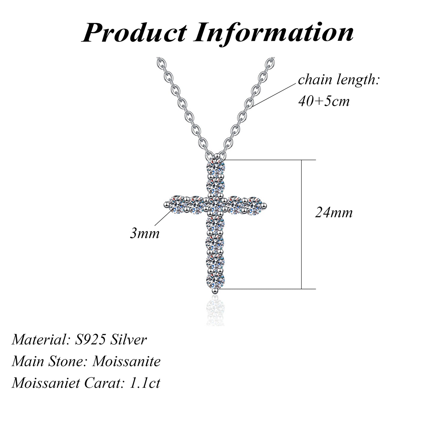 Silver 925 Cross Pendant Necklace Round Brilliant Cut VVS D with GRA