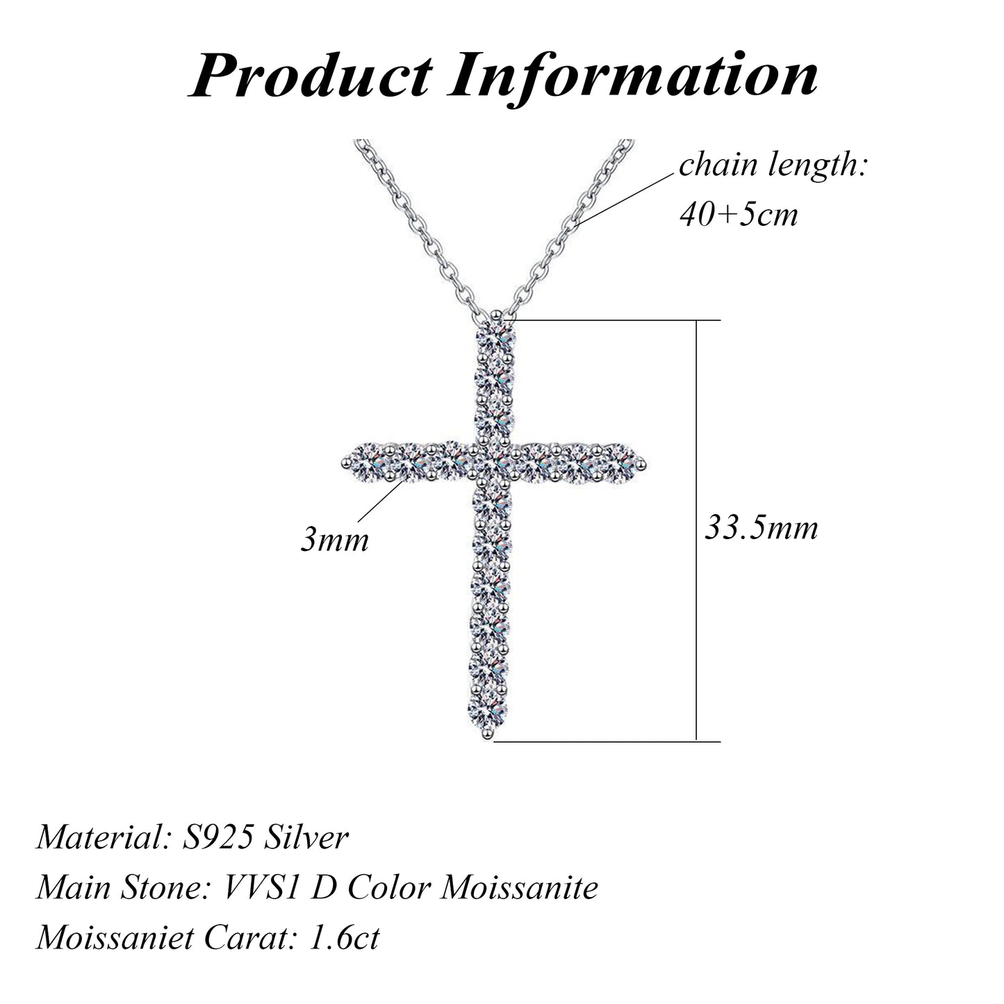 Luxury 1.6ct Moissanite Cross Pendant Necklace Brilliant Cut VVS D