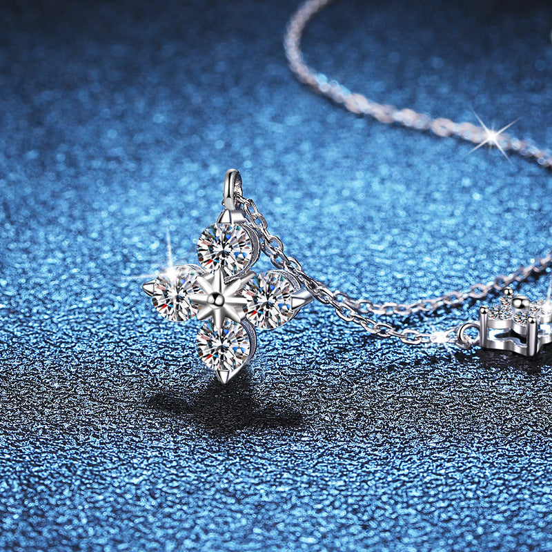 S925 Sterling Silver Premium Four Leaf Clover Necklace Classic Moissanite