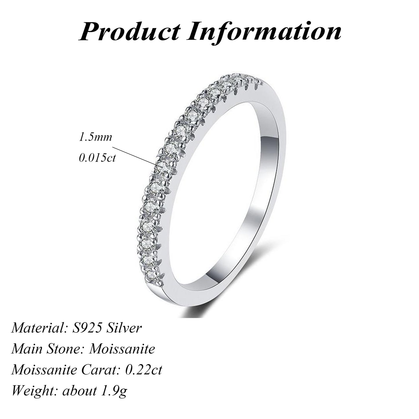 Rhodium Plated 925 Sterling Silver Moissanite Eternity Ring Stackable for Daily Wear