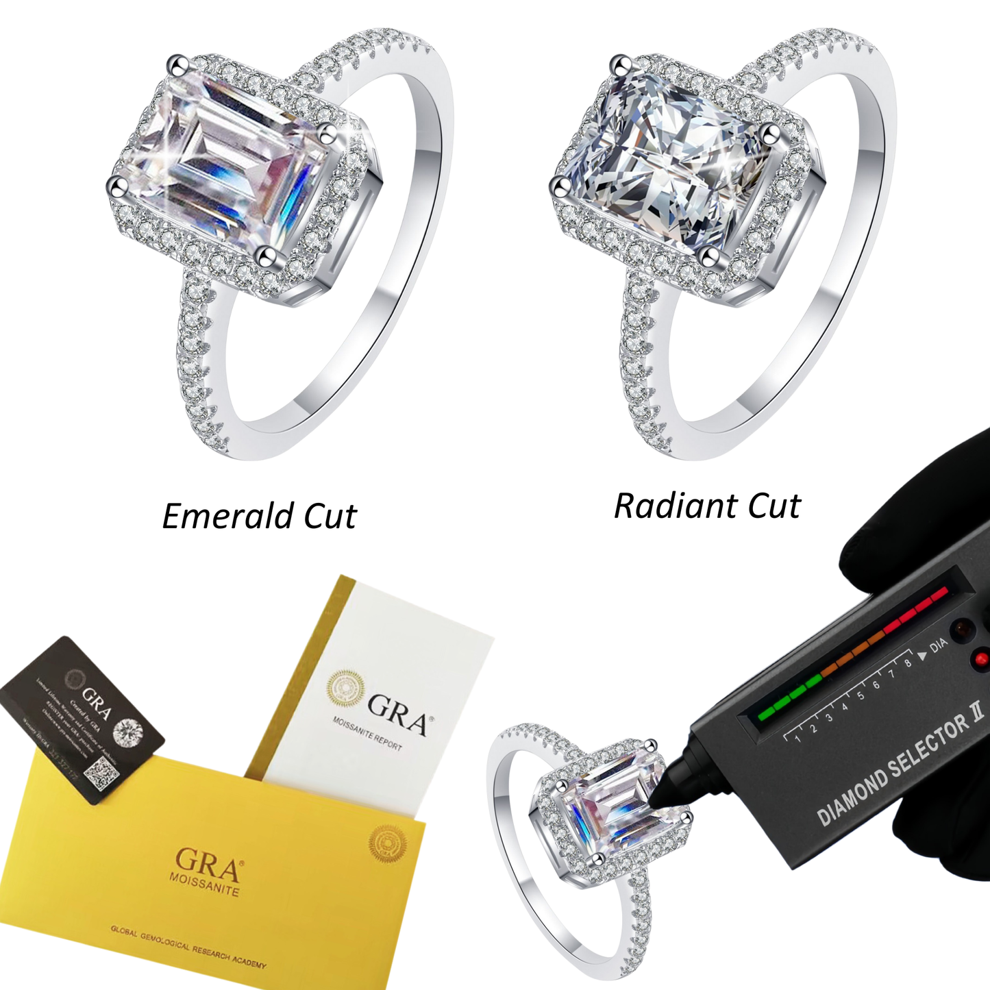 GRA 925 Sterling Silver Radiant/Emerald Cut Moissanite Ring