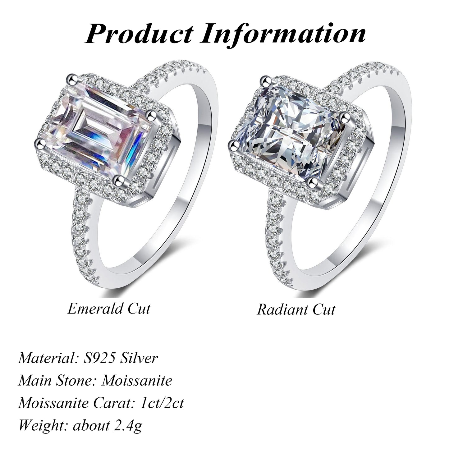 GRA 925 Sterling Silver Radiant/Emerald Cut Moissanite Ring