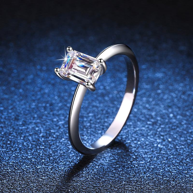 S925 Sterling Silver Emerald/Radiant Cut 1ct Moissanite Solitaire Ring