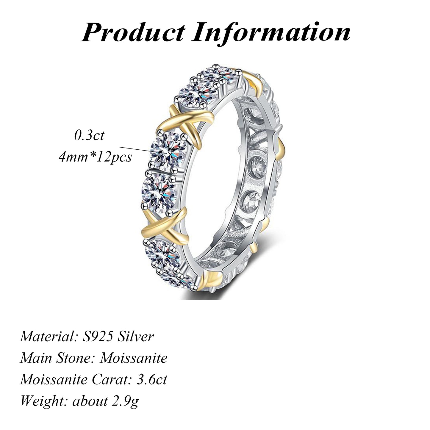 S925 Pure Silver Moissanite Ring Elegant Two-Tone Eternity Band Design