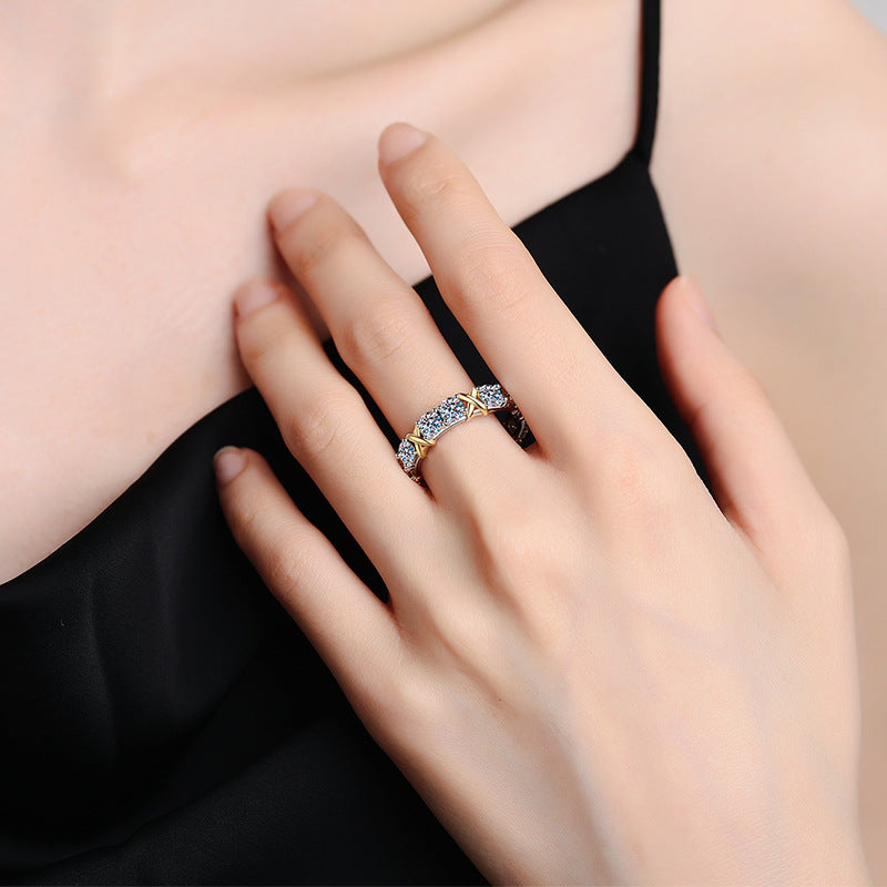 S925 Pure Silver Moissanite Ring Elegant Two-Tone Eternity Band Design