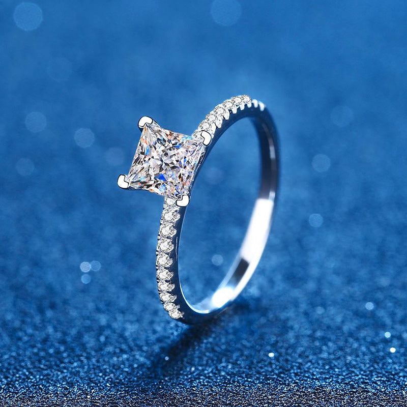 S925 Sterling Silver Moissanite Ring Light Luxury Princess Square