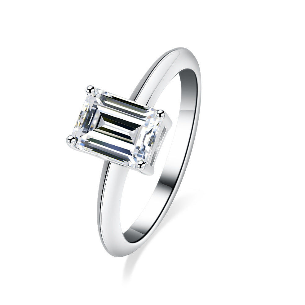 925 Sterling Silver Emerald Cut 2ct Moissanite Wedding Ring Solitaire