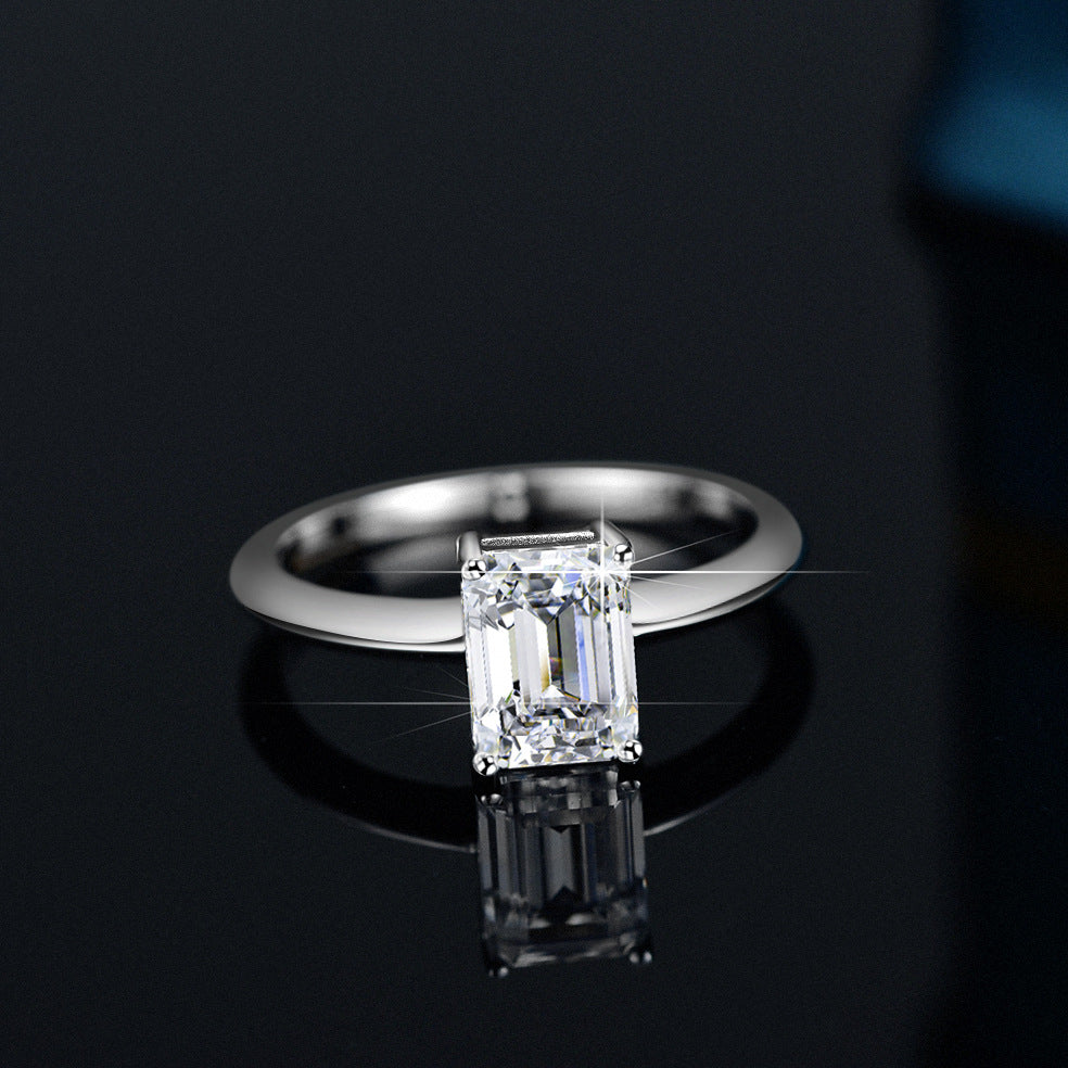 925 Sterling Silver Emerald Cut 2ct Moissanite Wedding Ring Solitaire