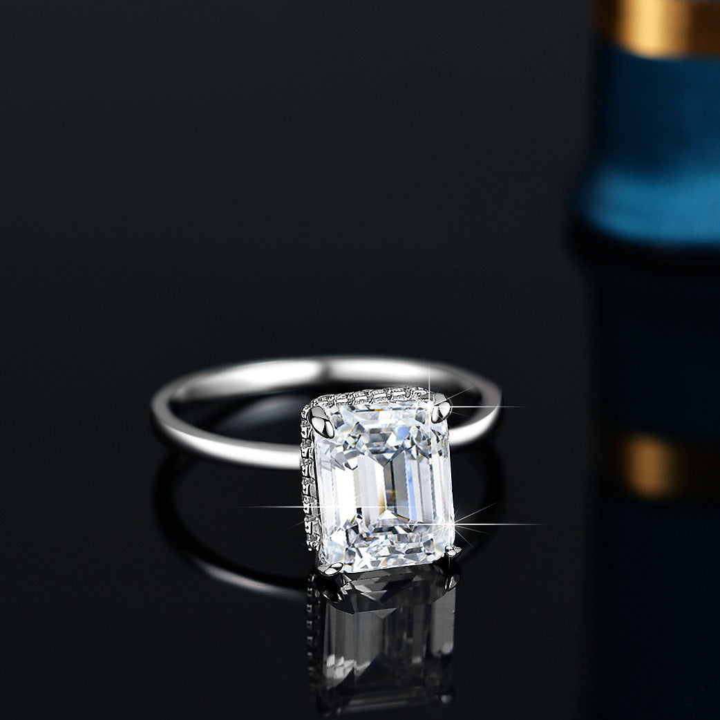 925 Sterling Silver Emerald Cut 4ct Moissanite Wedding Ring Hidden Halo