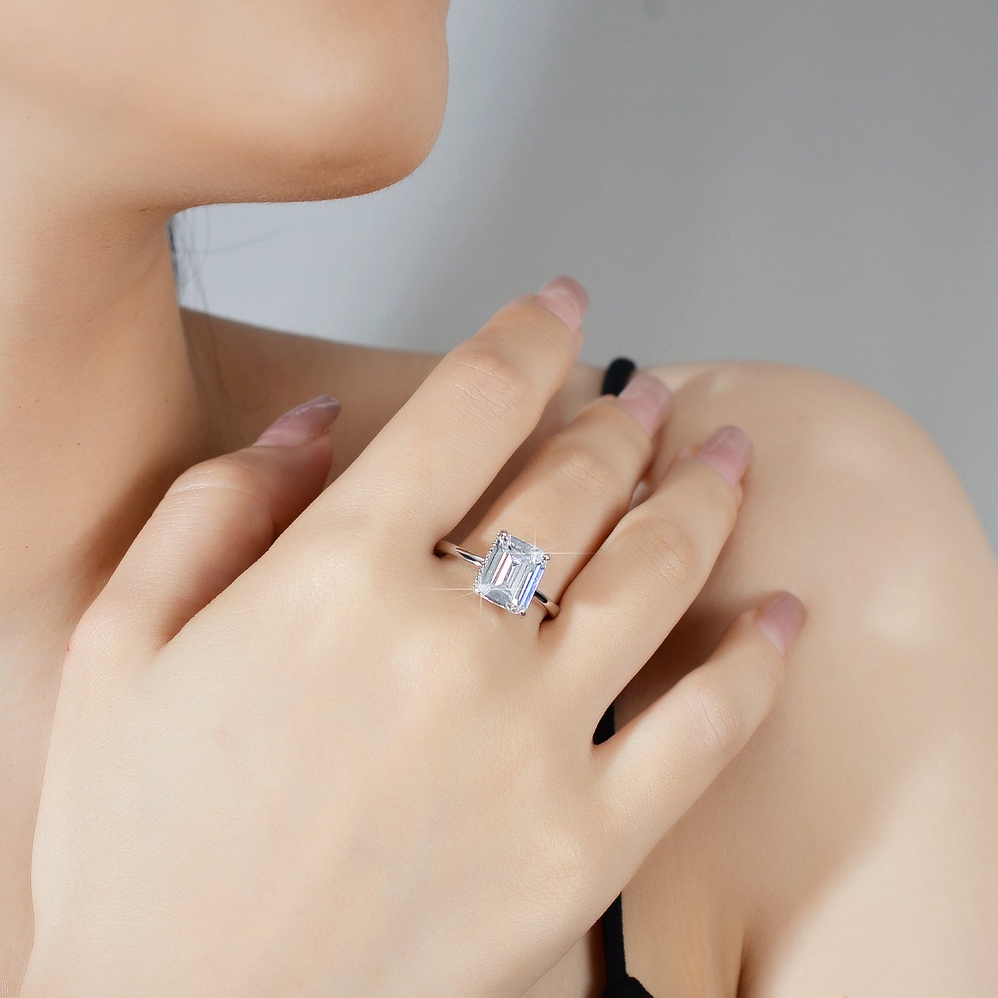 925 Sterling Silver Emerald Cut 4ct Moissanite Wedding Ring Hidden Halo