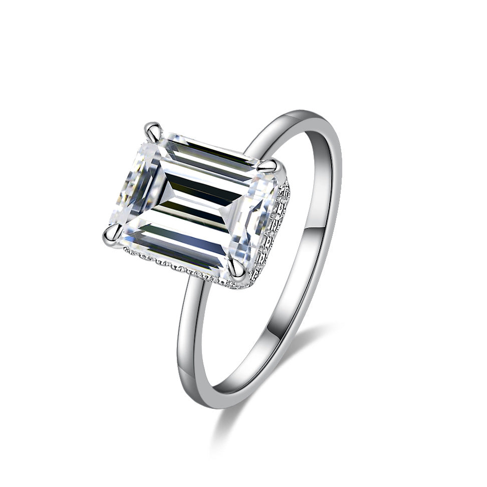 925 Sterling Silver Emerald Cut 4ct Moissanite Wedding Ring Hidden Halo