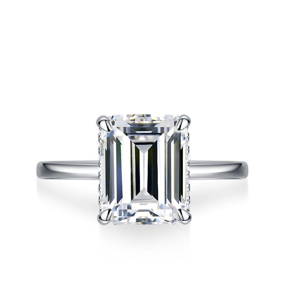 925 Sterling Silver Emerald Cut 4ct Moissanite Wedding Ring Hidden Halo