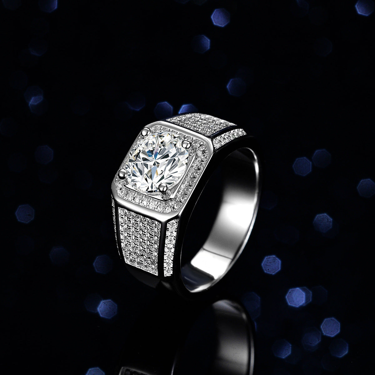 Hot Selling S925 Silver Hiphop Men's Ring Round Cut 2ct Moissanite Wedding Ring
