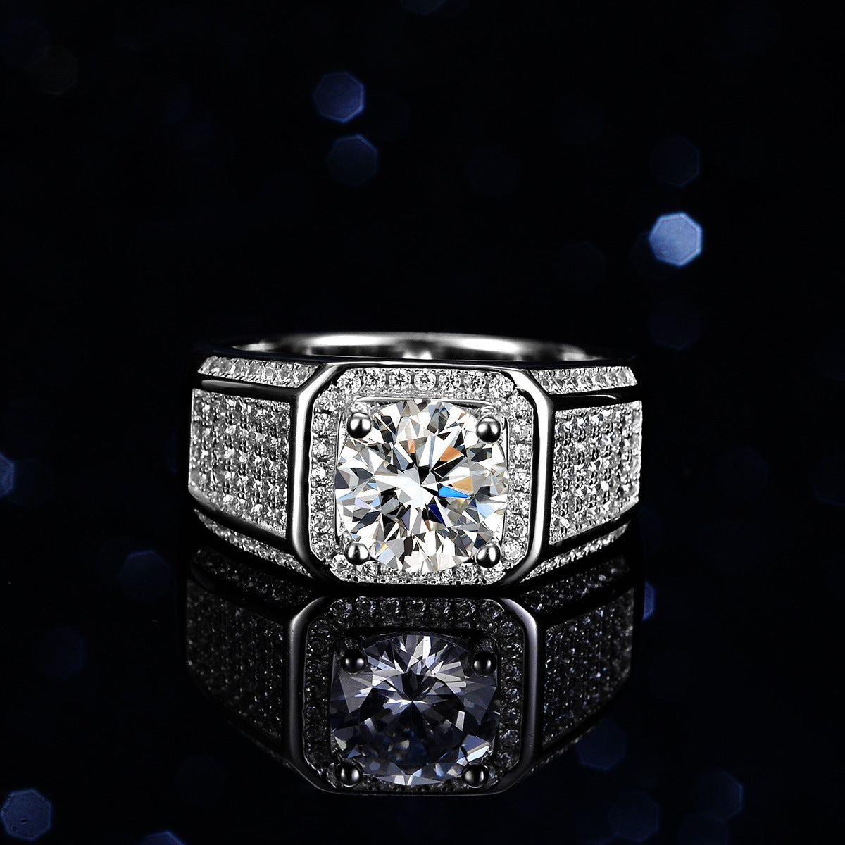 Hot Selling S925 Silver Hiphop Men's Ring Round Cut 2ct Moissanite Wedding Ring