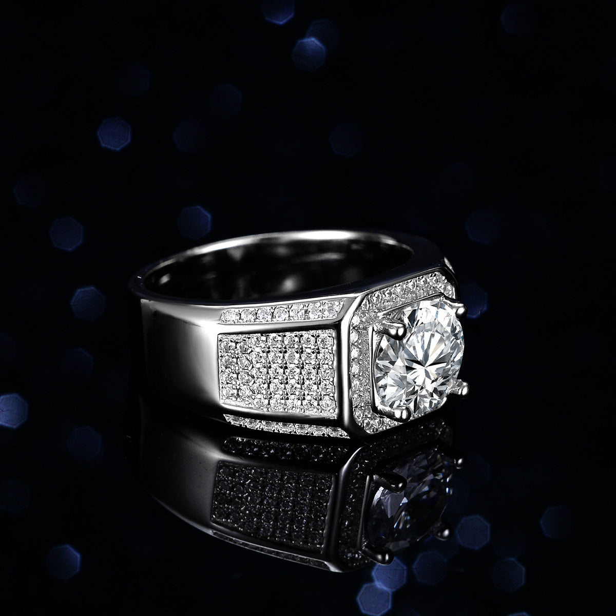Hot Selling S925 Silver Hiphop Men's Ring Round Cut 2ct Moissanite Wedding Ring