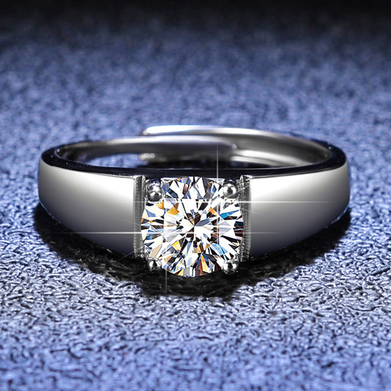 Simple Adjustable Rhodium Plated S925 Silver Men's Ring 1ct/2ct Oval Cut Moissanite