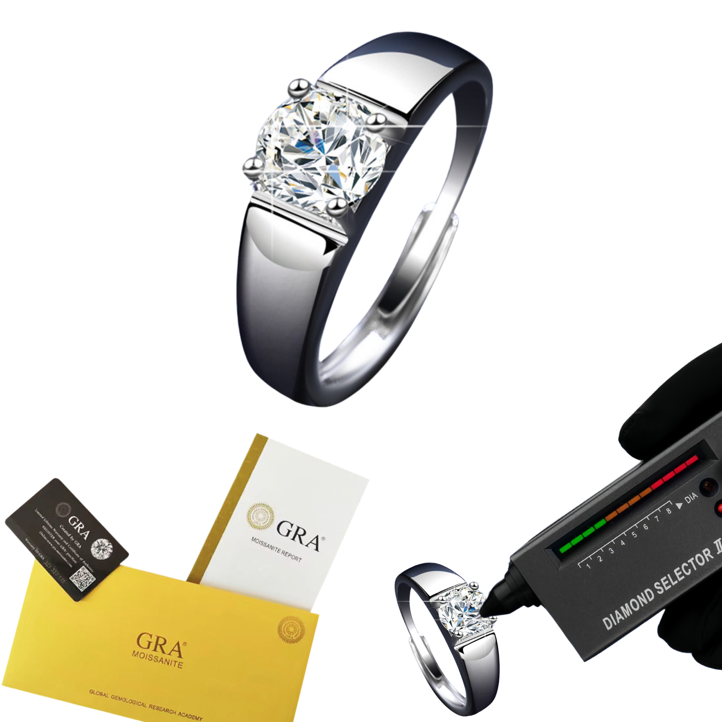 Simple Adjustable Rhodium Plated S925 Silver Men's Ring 1ct/2ct Oval Cut Moissanite