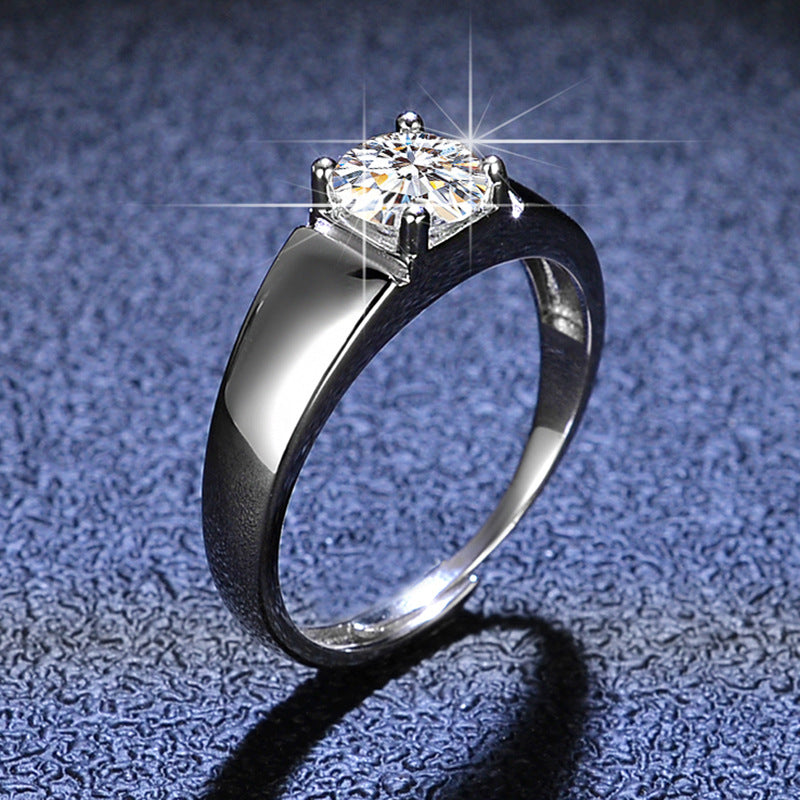Simple Adjustable Rhodium Plated S925 Silver Men's Ring 1ct/2ct Oval Cut Moissanite