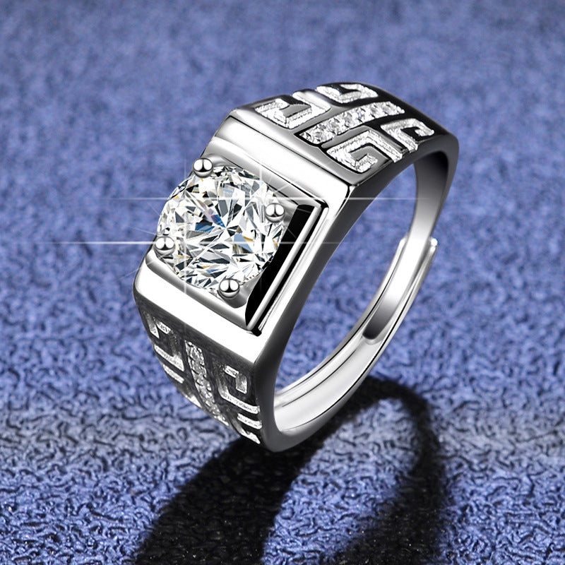 Trendy 925 Sterling Silver Wedding 1ct Round Cut Moissanite Ring for Men Adjustable