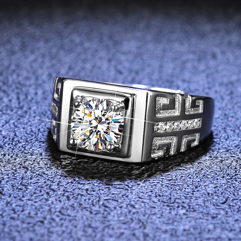 Trendy 925 Sterling Silver Wedding 1ct Round Cut Moissanite Ring for Men Adjustable