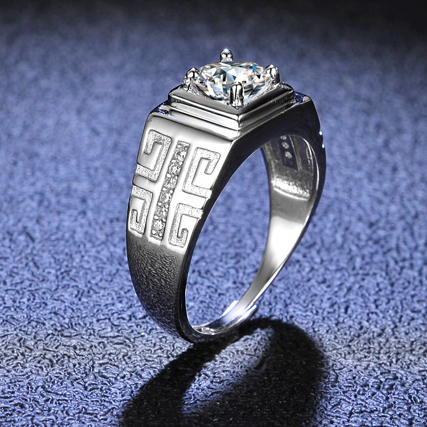 Trendy 925 Sterling Silver Wedding 1ct Round Cut Moissanite Ring for Men Adjustable
