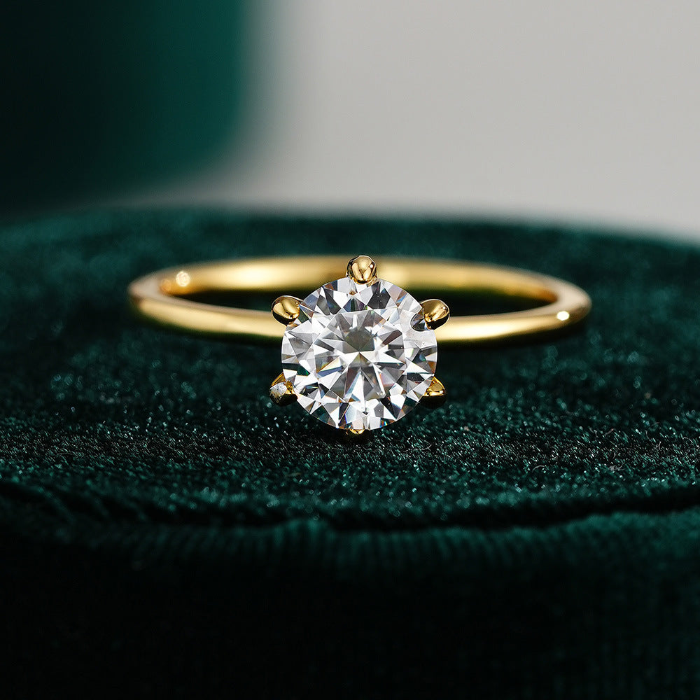 925 Sterling Silver 14K Gold Plated Six Prong Solitaire Moissanite Women's Ring 0.5ct/1ct/2ct/3ct