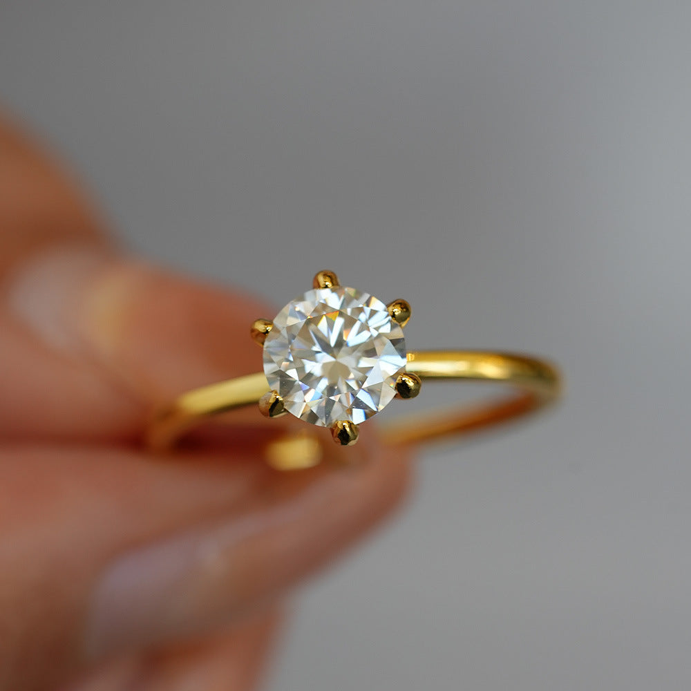 925 Sterling Silver 14K Gold Plated Six Prong Solitaire Moissanite Women's Ring 0.5ct/1ct/2ct/3ct