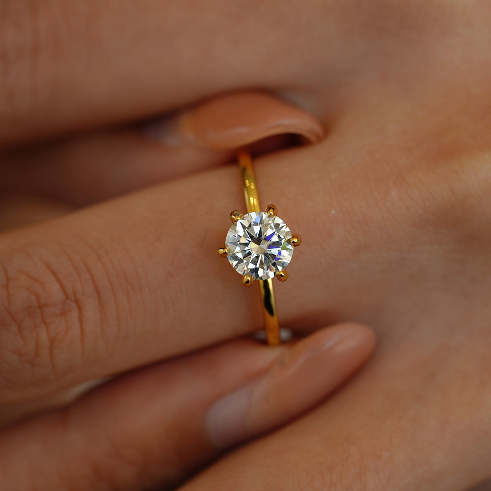 925 Sterling Silver 14K Gold Plated Six Prong Solitaire Moissanite Women's Ring 0.5ct/1ct/2ct/3ct