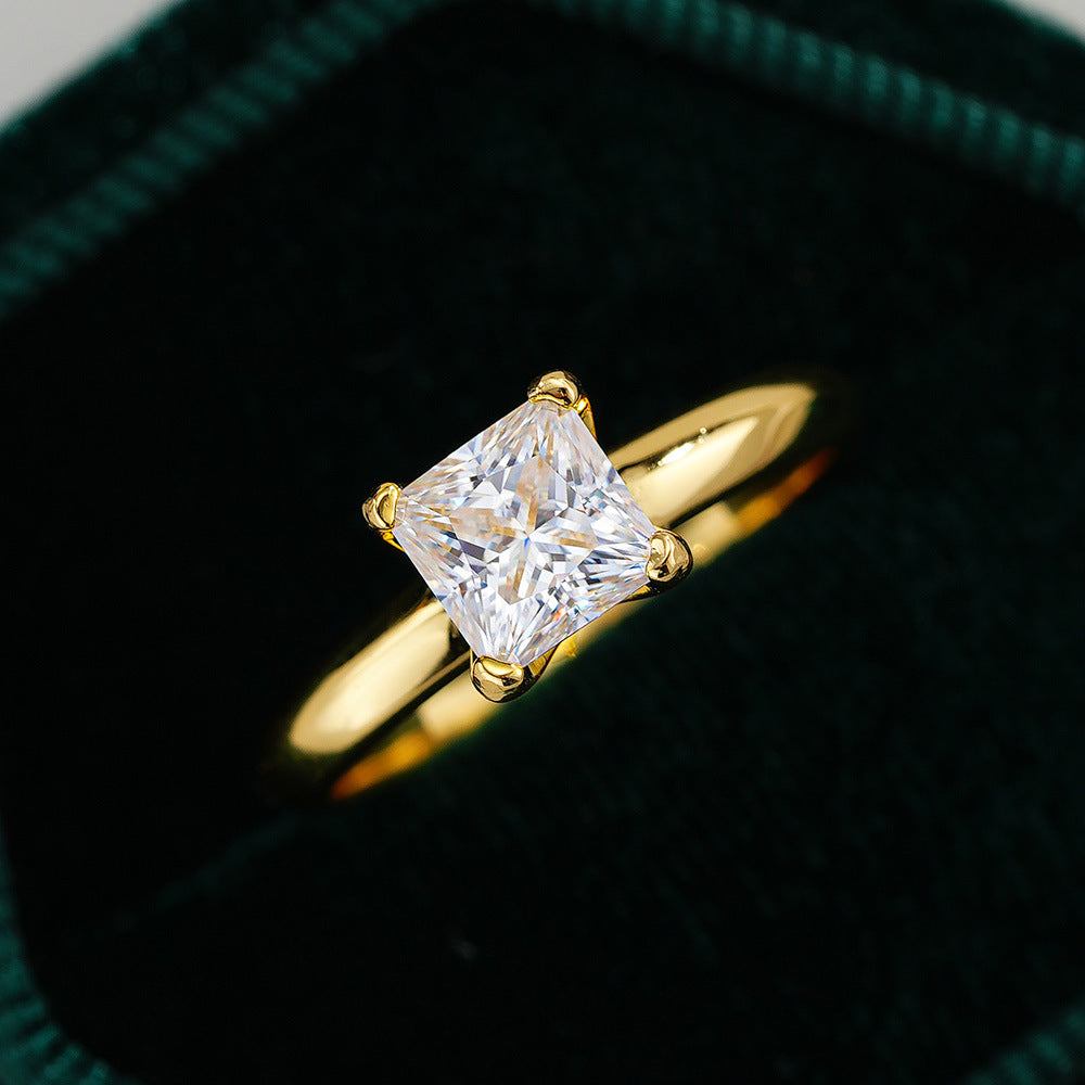 14K Gold Plated S925 Silver 1ct Solitaire Princess Cut Moissanite Ring for Wedding