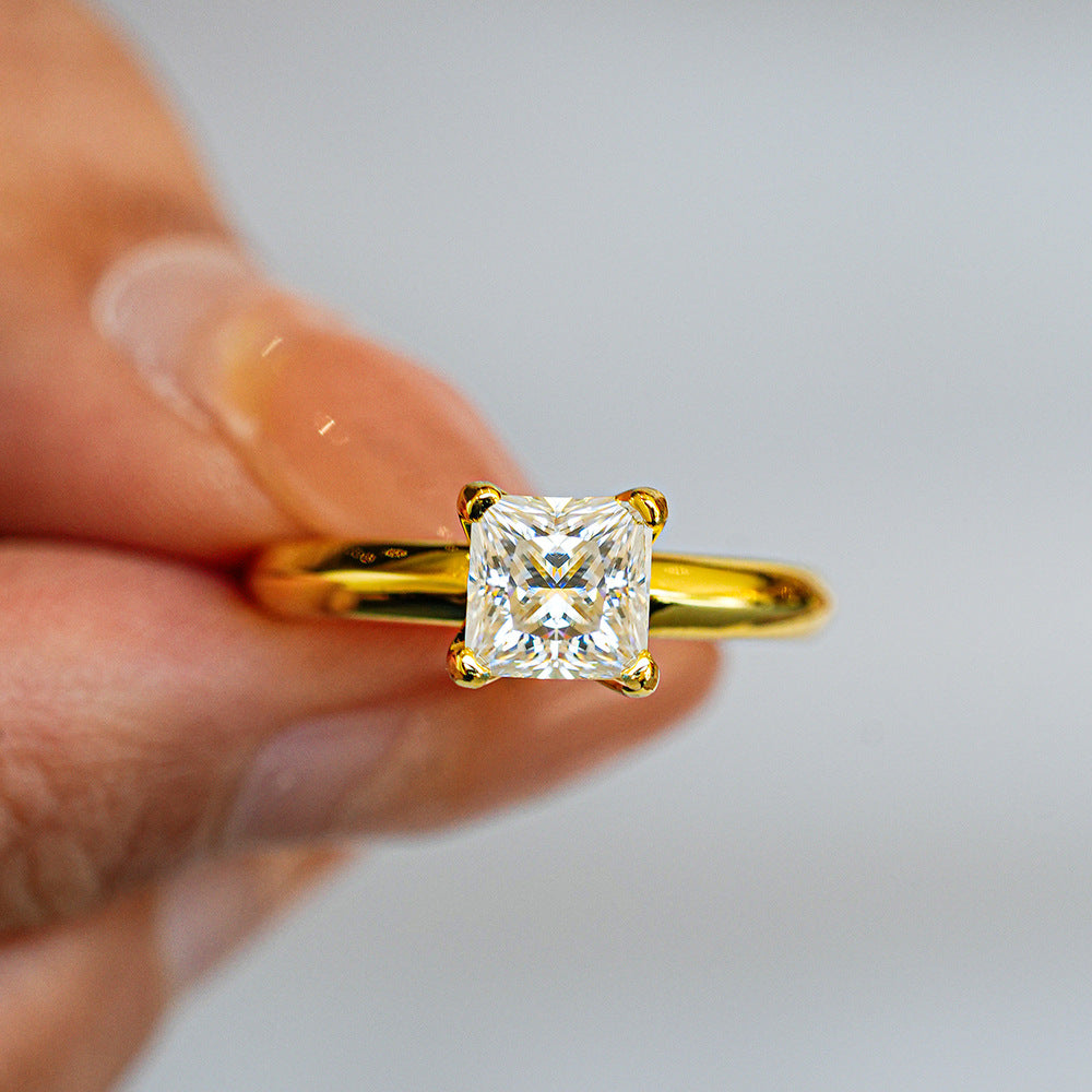 14K Gold Plated S925 Silver 1ct Solitaire Princess Cut Moissanite Ring for Wedding