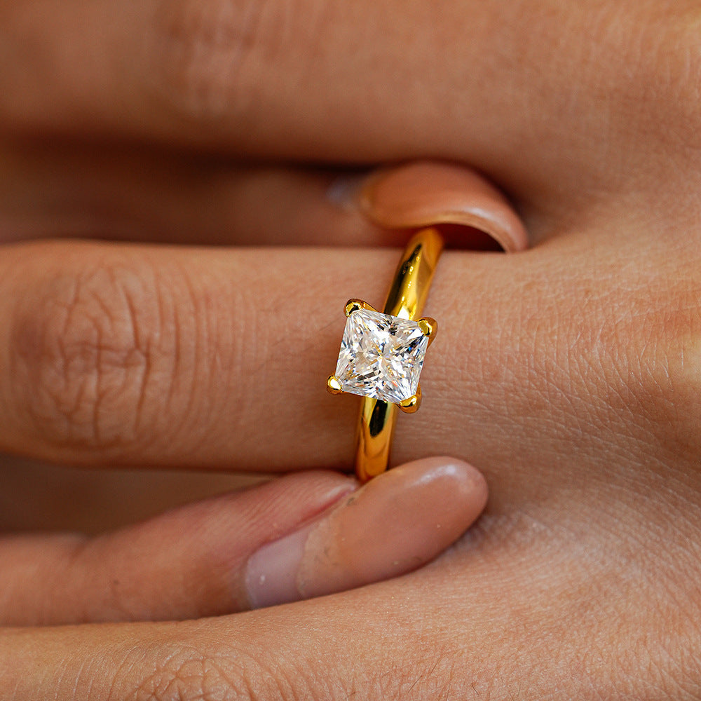 14K Gold Plated S925 Silver 1ct Solitaire Princess Cut Moissanite Ring for Wedding
