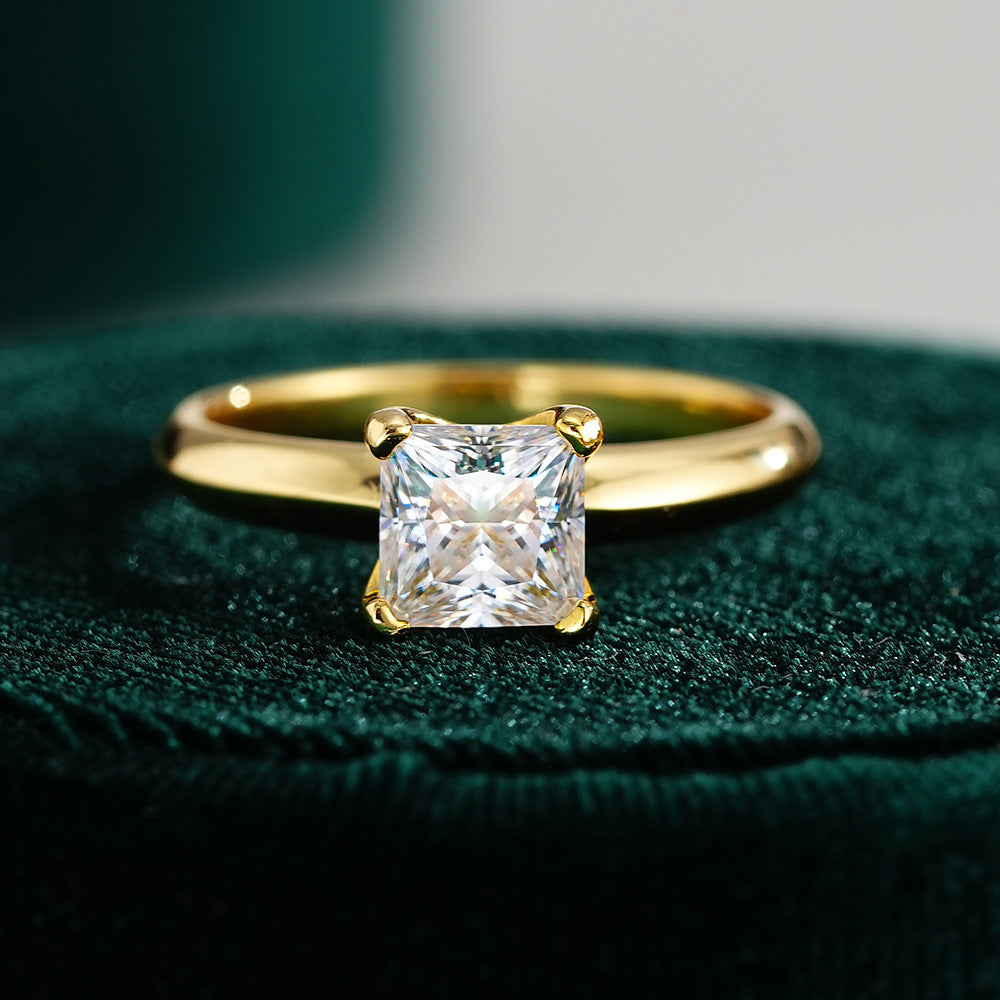 14K Gold Plated S925 Silver 1ct Solitaire Princess Cut Moissanite Ring for Wedding