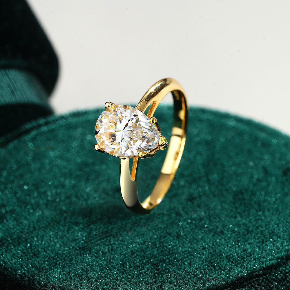 14K Gold Plated S925 Silver 2ct Solitaire Pear Cut Moissanite Engagement Ring