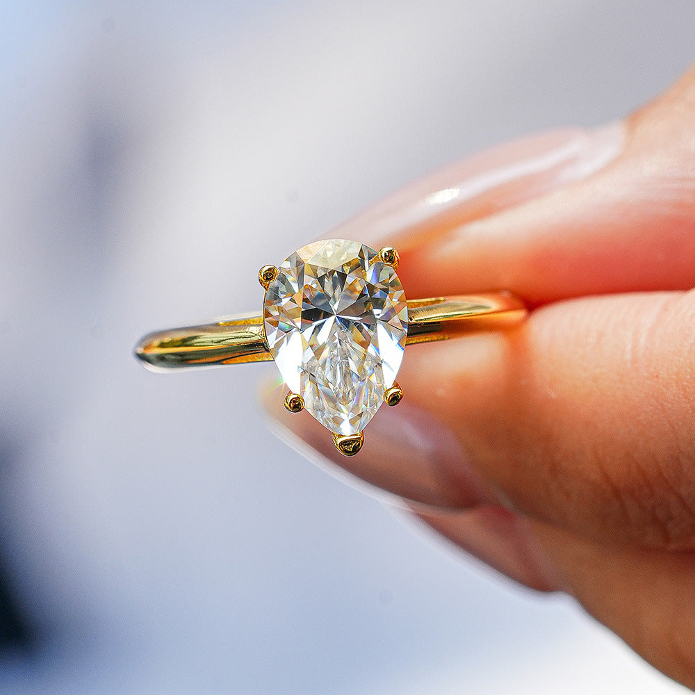 14K Gold Plated S925 Silver 2ct Solitaire Pear Cut Moissanite Engagement Ring