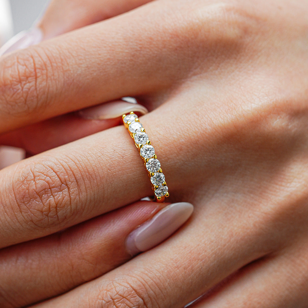 14K Gold Plated S925 Silver Round Cut 3mm 0.7ct Moissanite Statement Ring Band