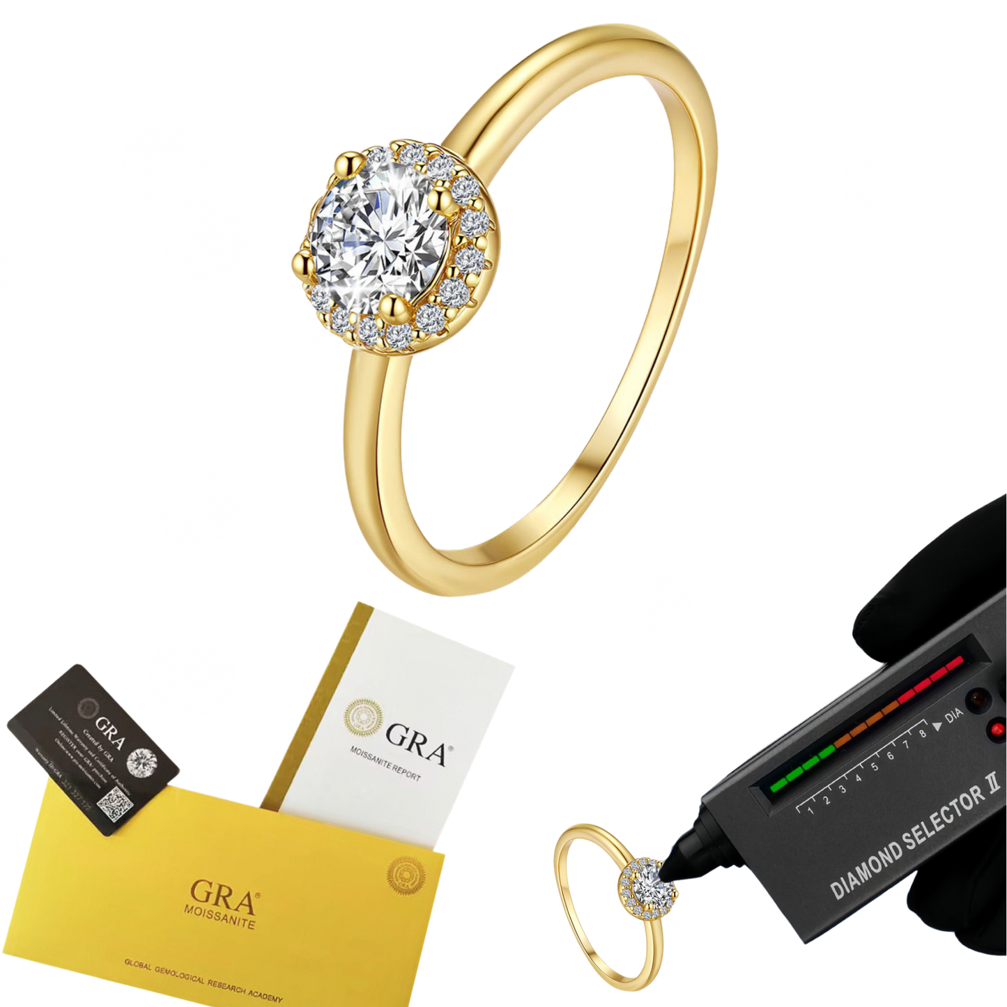 14K Gold Plated S925 Silver Moissanite Engagement Ring 0.5ct Round Cut Halo Setting