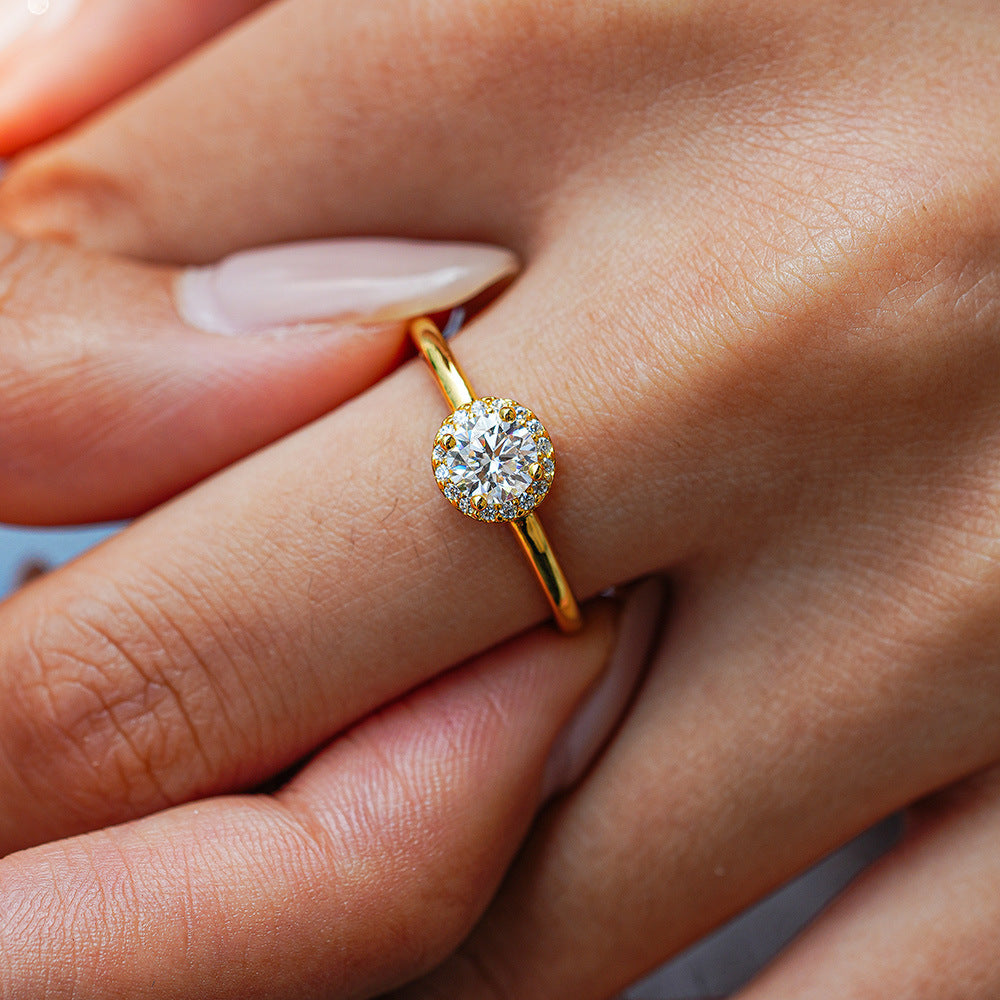 14K Gold Plated S925 Silver Moissanite Engagement Ring 0.5ct Round Cut Halo Setting