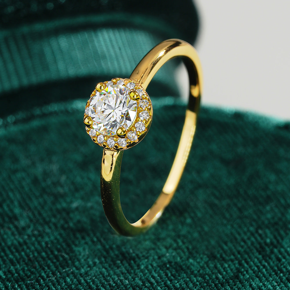 14K Gold Plated S925 Silver Moissanite Engagement Ring 0.5ct Round Cut Halo Setting