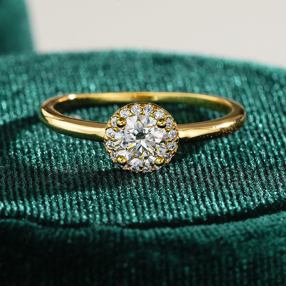 14K Gold Plated S925 Silver Moissanite Engagement Ring 0.5ct Round Cut Halo Setting