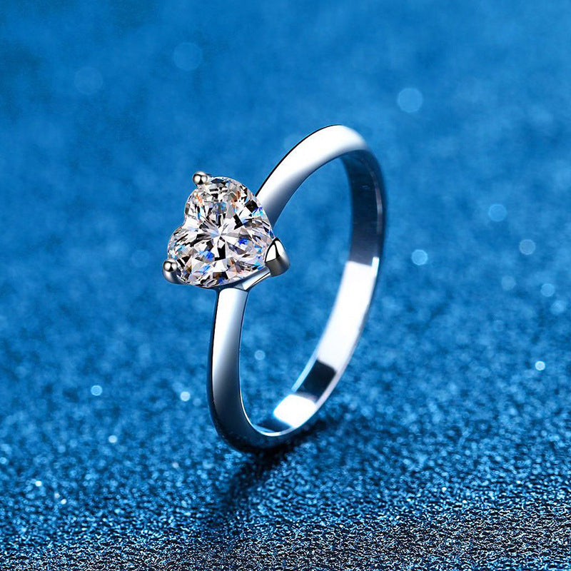 Moissanite 925 Sterling Silver 1-2 Carat Heart Love Ring with Rhodium Plating