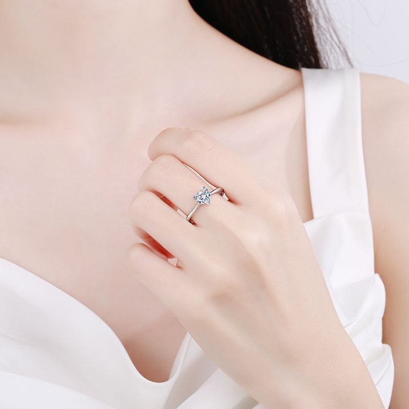 Moissanite 925 Sterling Silver 1-2 Carat Heart Love Ring with Rhodium Plating