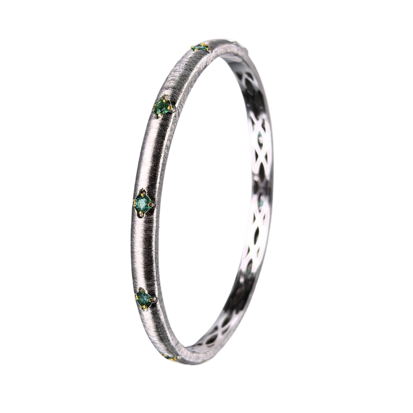 Unique Rhodium and Gold Plated Silver 925 Jewelry Natural Emerald Bangle